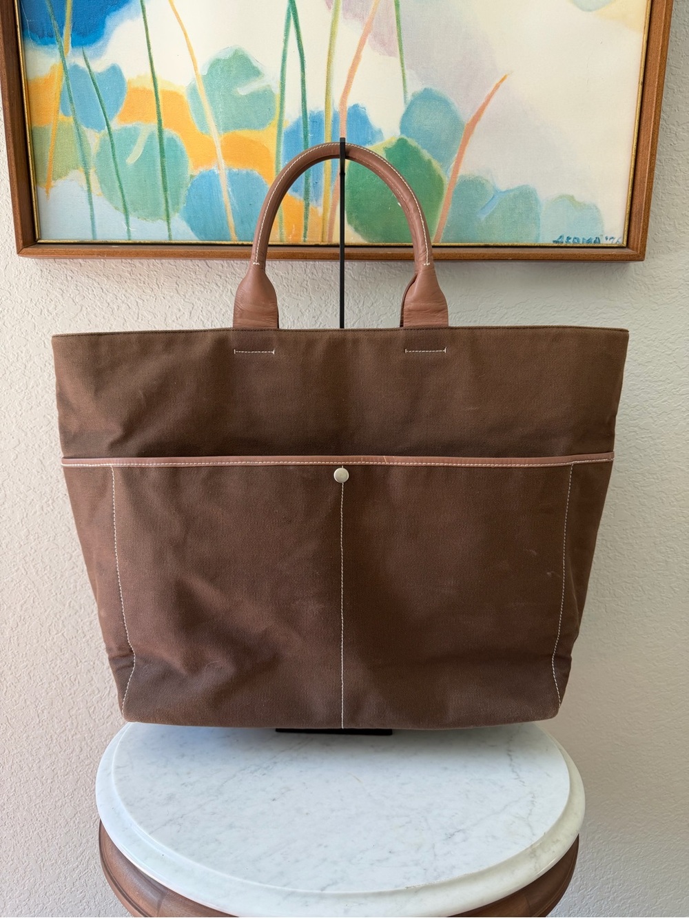 Vintage 2003 Gap Brown Canvas Leather Trim Oversized Tote Weekender Bag